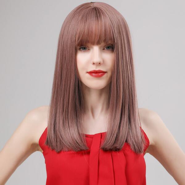 

Natural Straight Wig With Bangs, Dusty pink