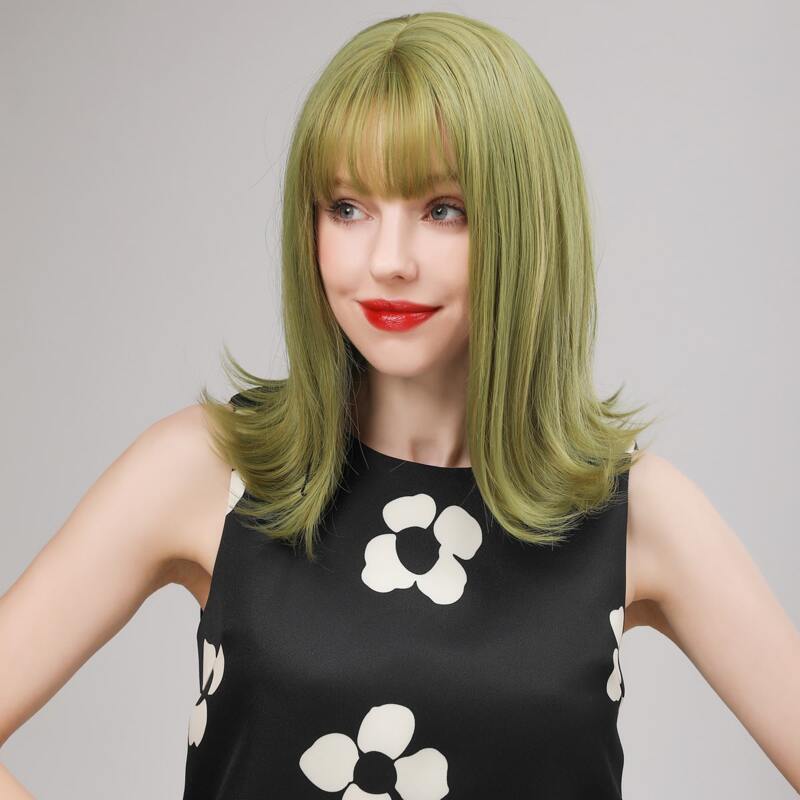 

Natural Short Wig With Bangs, Green
