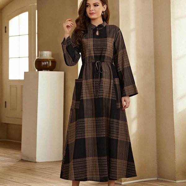 

Plaid Drawstring Waist Dual Pocket Dress, Multicolor