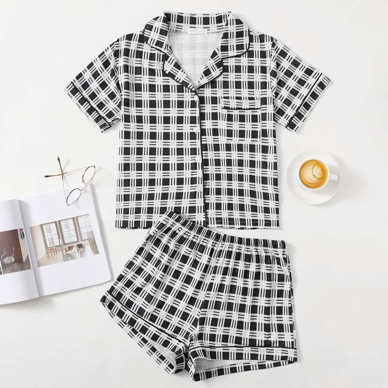 

Plaid Pocket Front Button Up PJ Set, Black and white
