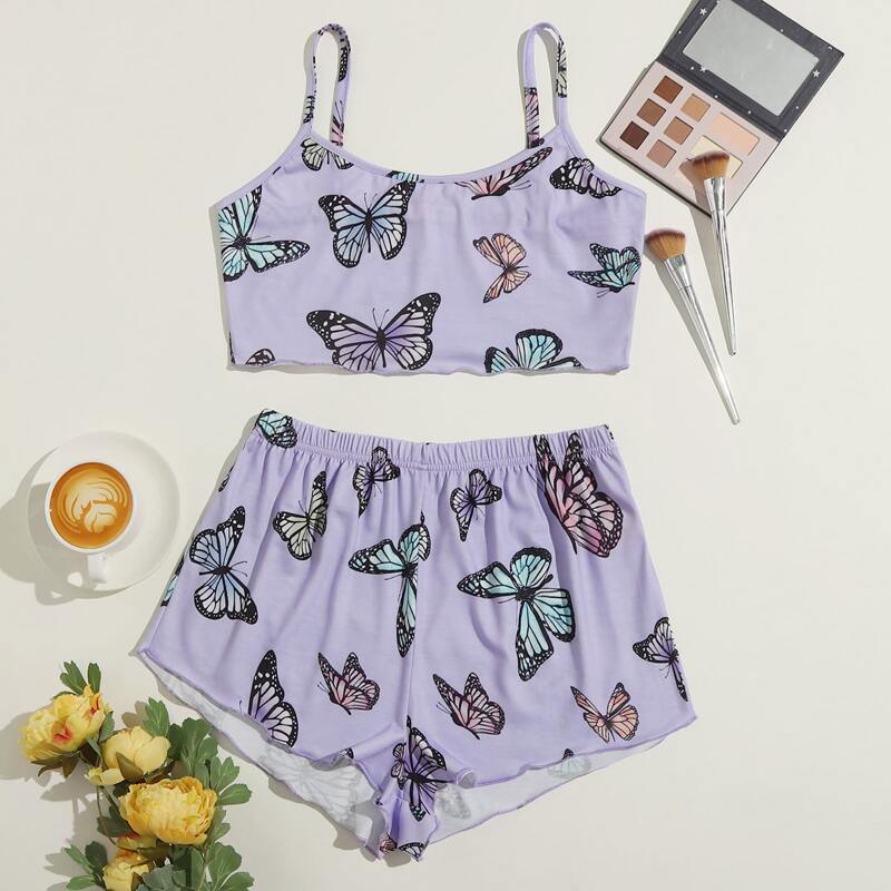 

Butterfly Print Crop Cami PJ Set, Purple