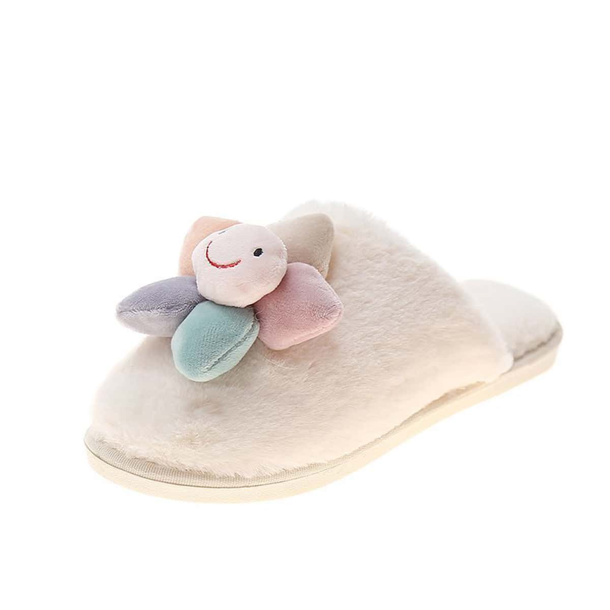 

Cartoon Floral Fluffy Slippers, Beige