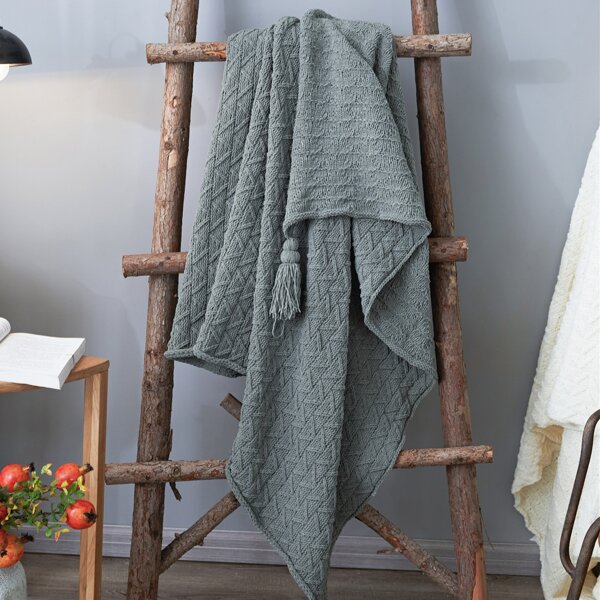 

1pc Tassel Decor Knitted Blanket, Grey