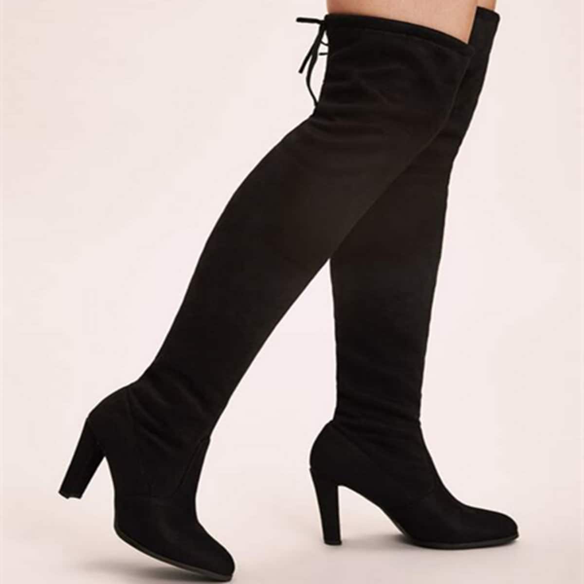 Tie Back Over The Knee Block Heeled Boots, Black