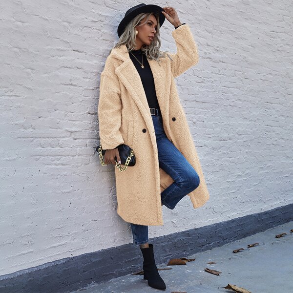

Lapel Neck Double Button Teddy Coat, Apricot