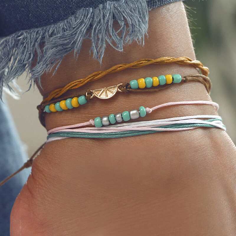 

4pcs Beaded Rope Anklet, Multicolor
