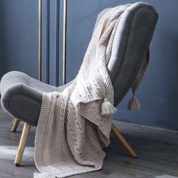 

Tassel Detail Knitted Blanket, Beige