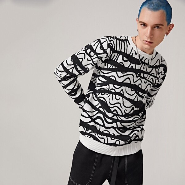 

Men All Over Pattern Crew Neck Sweater, Black and white