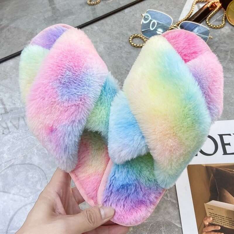

Tie Dye Cross Strap Fluffy Slippers, Multicolor