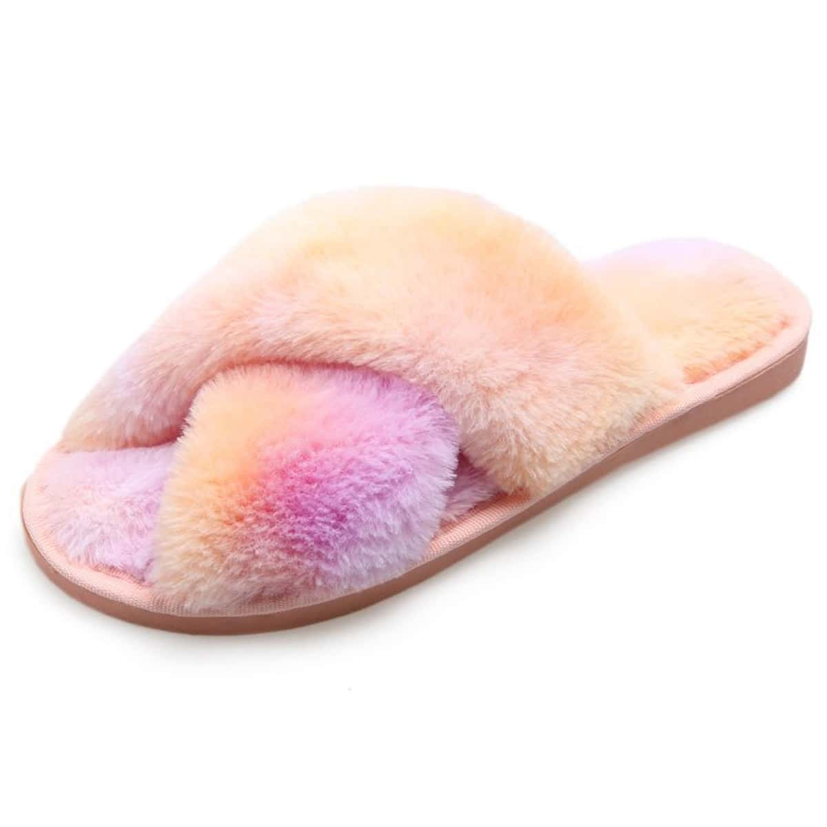 

Tie Dye Cross Strap Fluffy Slippers, Coral orange