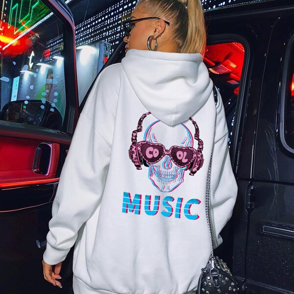 

Skull And Letter Graphic Oversized Hoodie, White