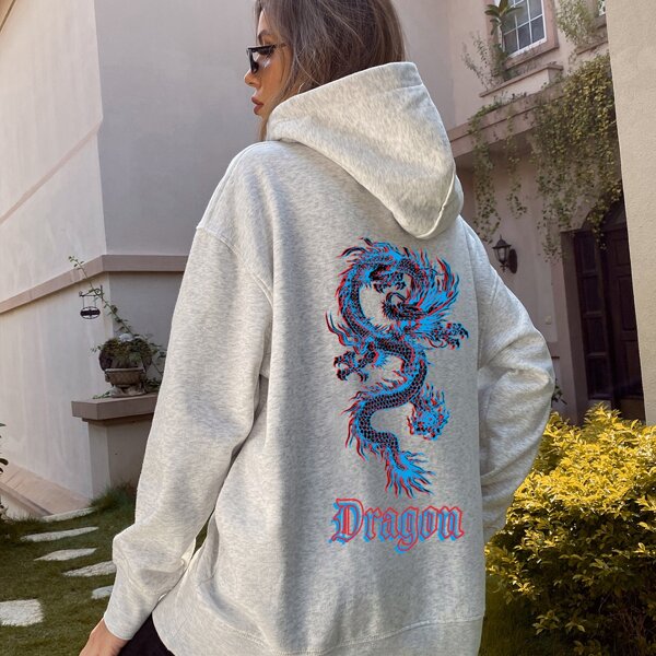 

Chinese Dragon And Letter Graphic Hoodie, Light grey