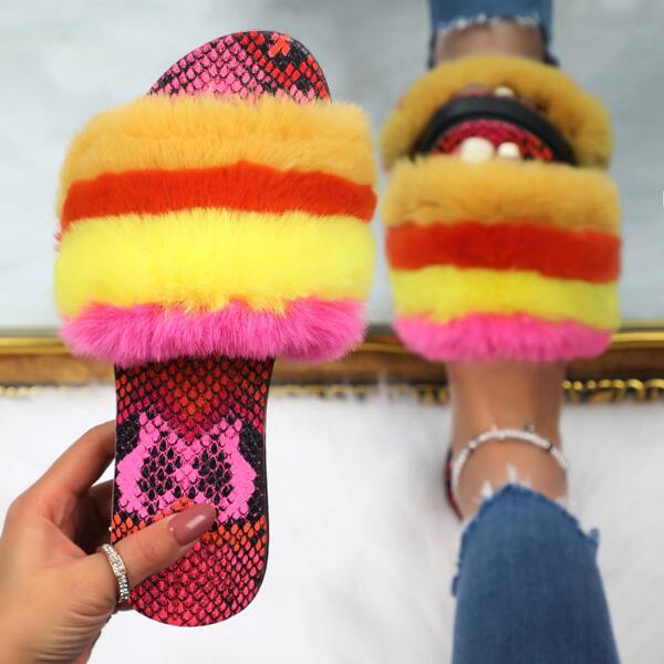 

Color Block Faux Fur Slides, Hot pink