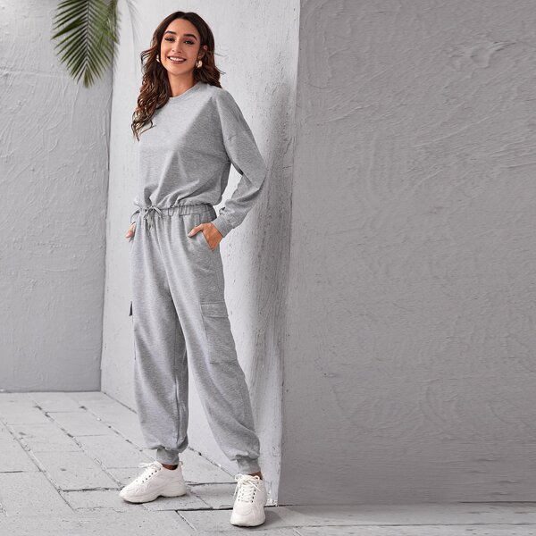 

Drawstring Hem Drop Shoulder Sweatshirt & Pants Set, Light grey