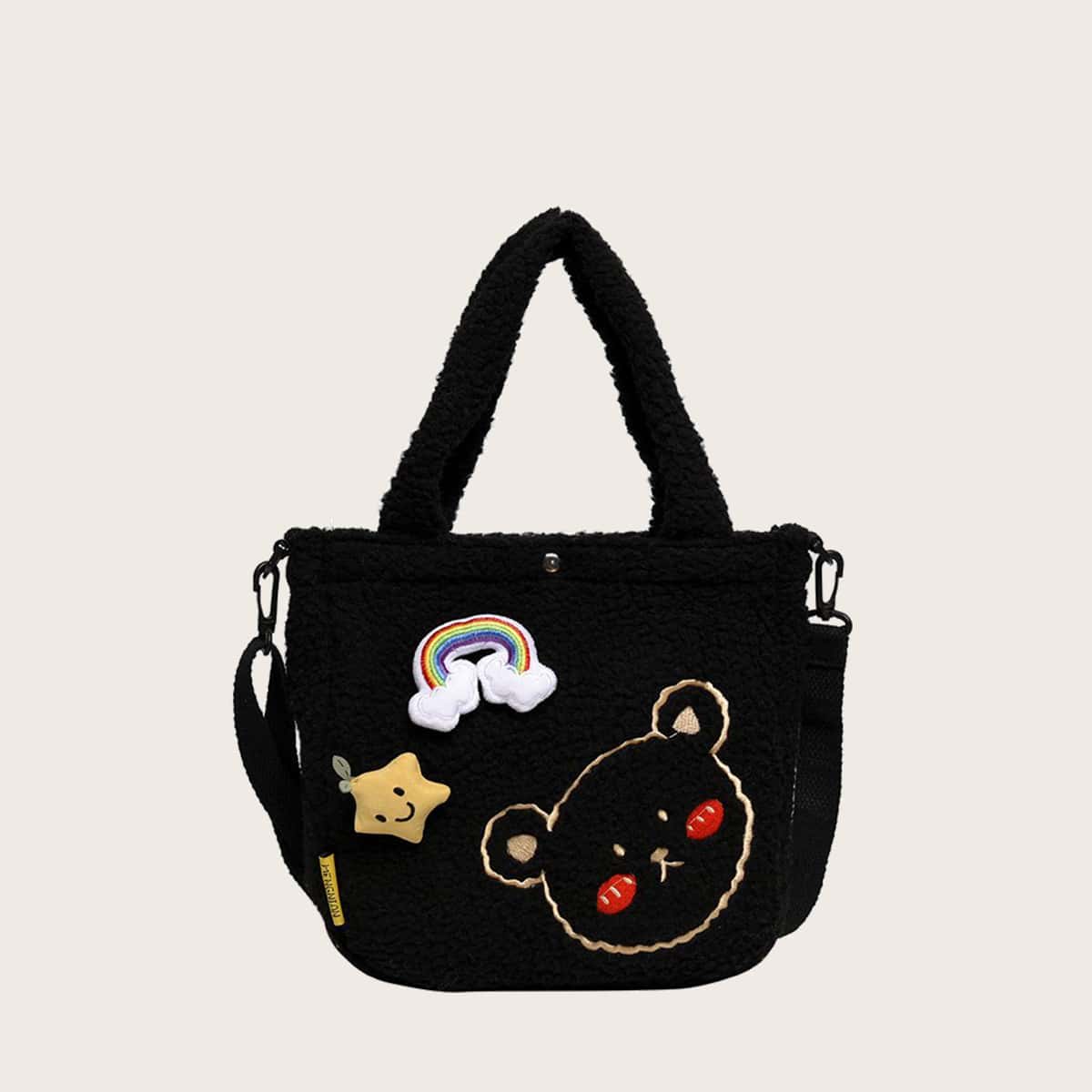 

Cartoon Rainbow Teddy Tote Bag, Black