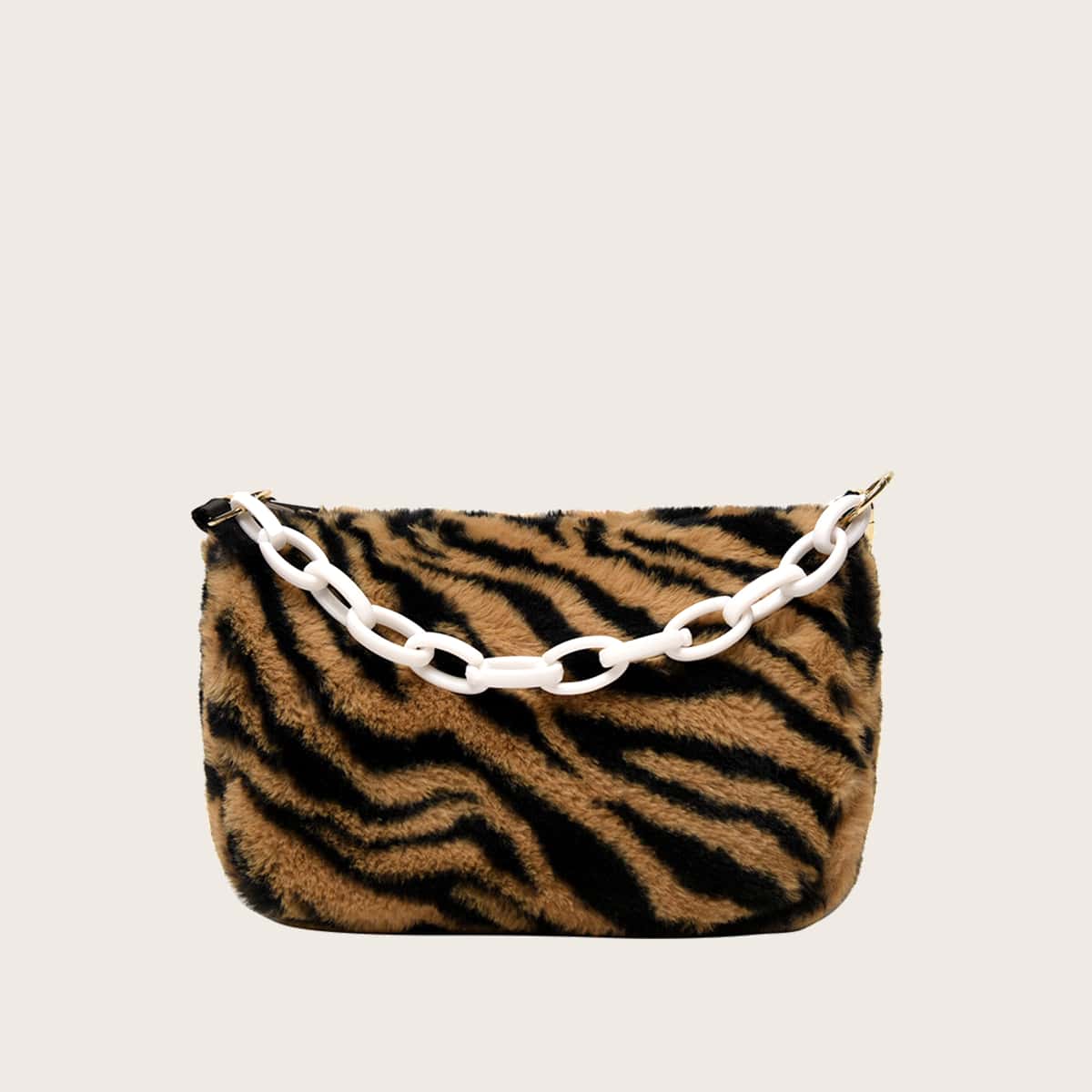 

Tiger Striped Chain Satchel Bag, Brown