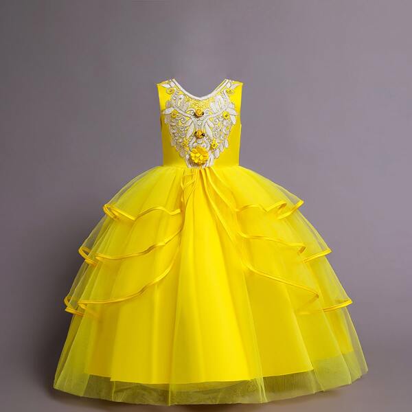 

Girls Stereo Floral Tie Back Layered Gown Dress, Yellow bright