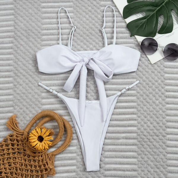 

Knot Front Thong Bikini Swimsuit, White