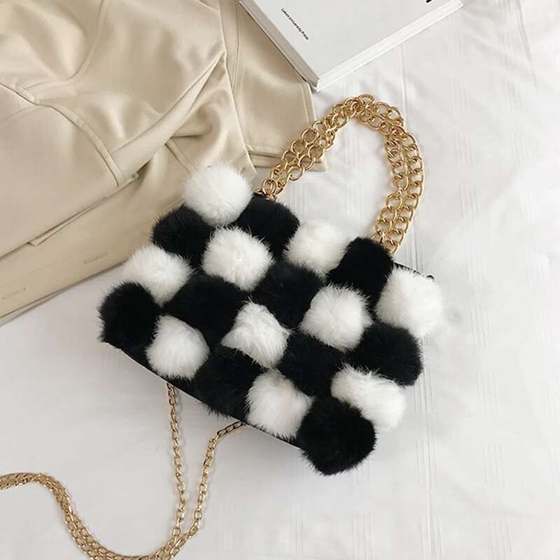 

Colorblock Pom Pom Chain Shoulder Bag, Black and white