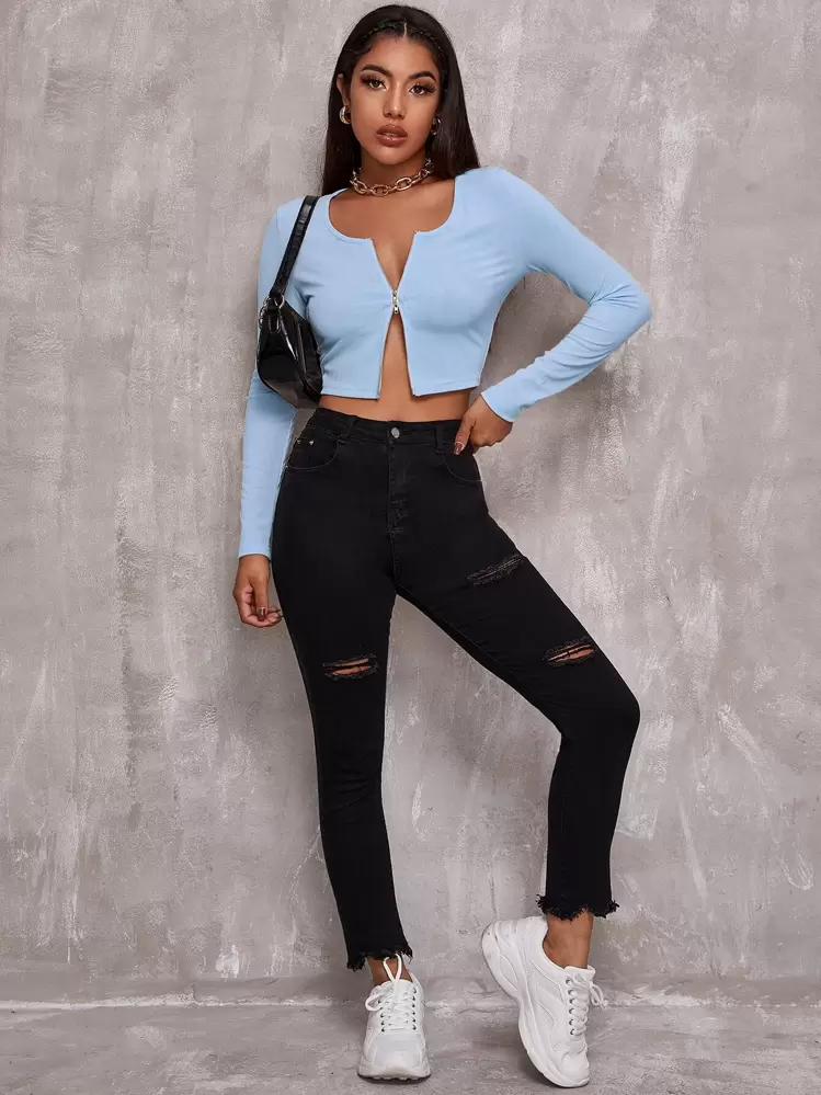 Zip Up Rib-knit Crop Top | SHEIN USA