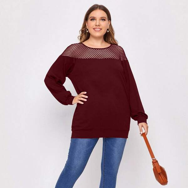 

Plus Contrast Fishnet Drop Shoulder Sweatshirt, Burgundy