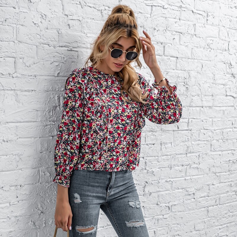 

Allover Floral Print Ruffle Trim Blouse, Multicolor