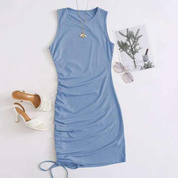 

Plus Ribbed Drawstring Side Bodycon Dress, Blue