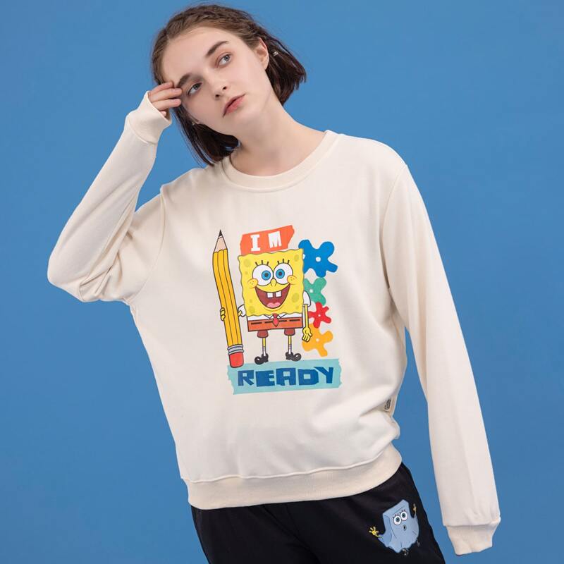 

ROMWE X SpongeBob Letter Graphic Sweatshirt, Beige