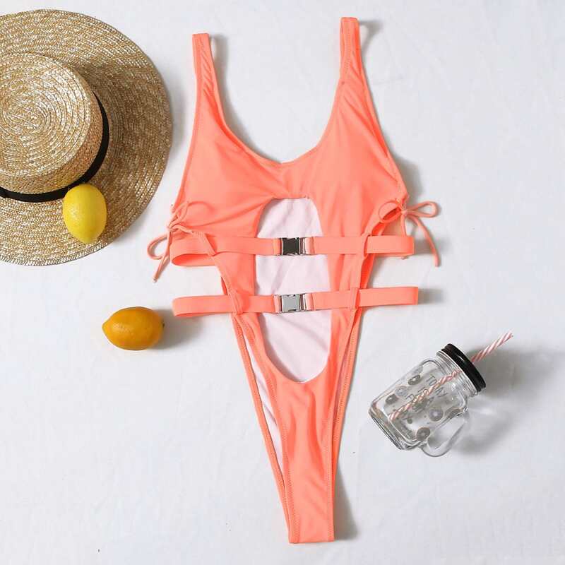 

Solid Buckle Cut Out One Piece Swimsuit, Coral orange