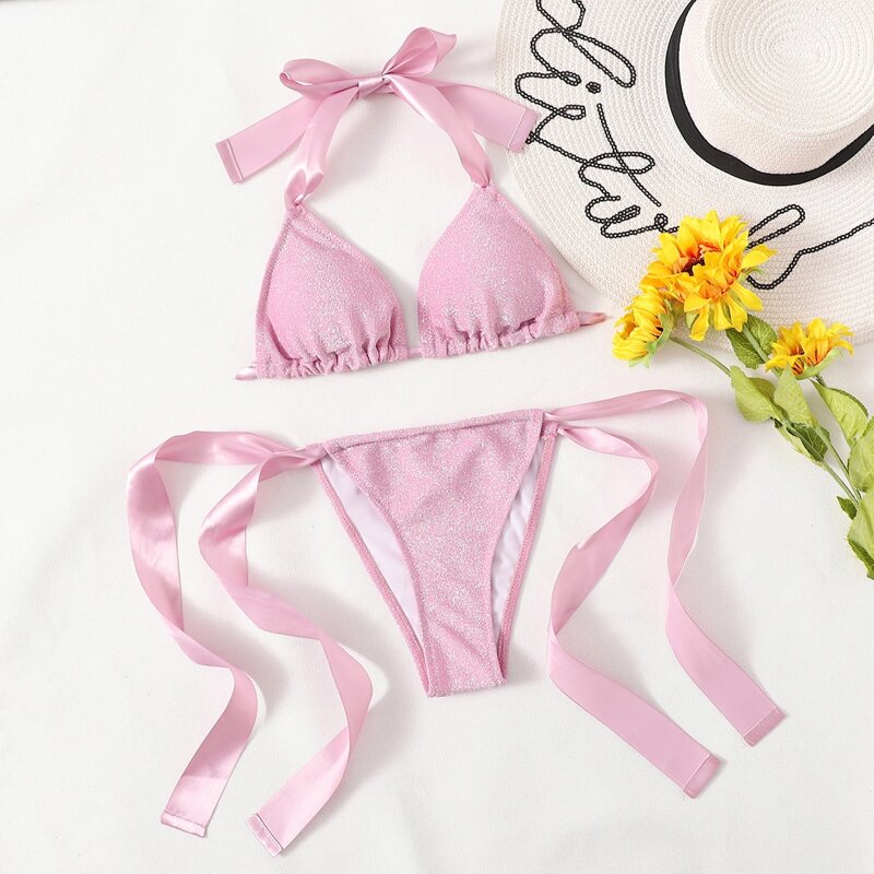 

Glitter Triangle Bikini Swimsuit, Baby pink