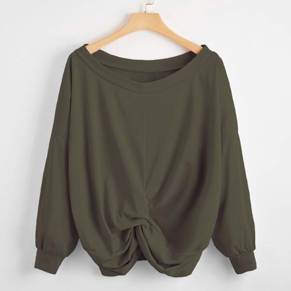 

Plus Solid Twist Hem Drop Shoulder Tee, Army green