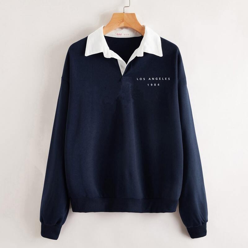 

Letter Contrast Collar Drop Shoulder Sweatshirt, Navy blue