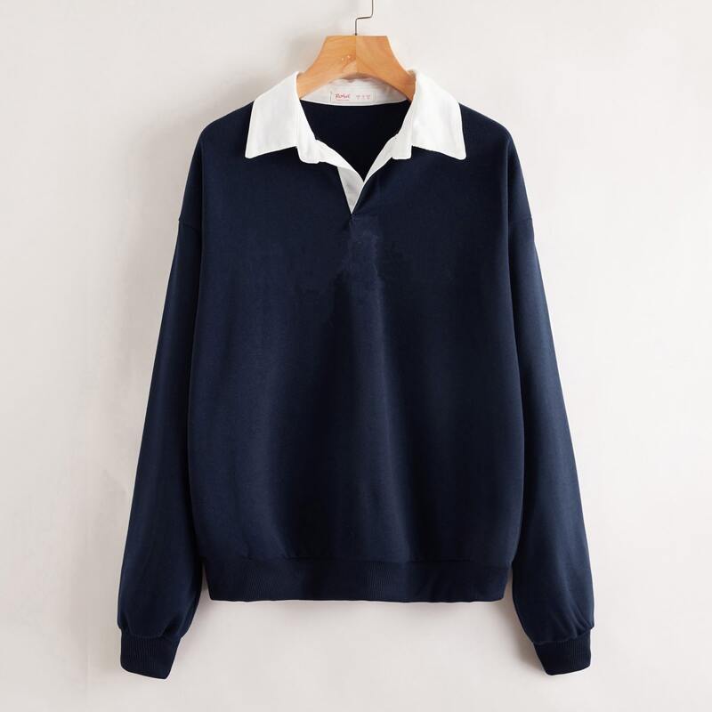 

Contrast Collar Drop Shoulder Sweatshirt, Navy blue