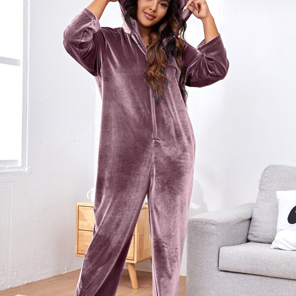 

Plus Velvet Zipper Front Hooded Romper, Mauve purple