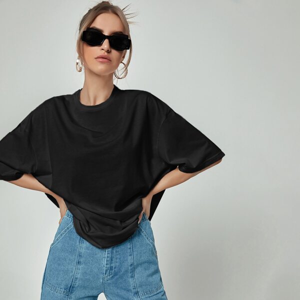 

Crew Neck Drop Shoulder Oversized Tee, Black