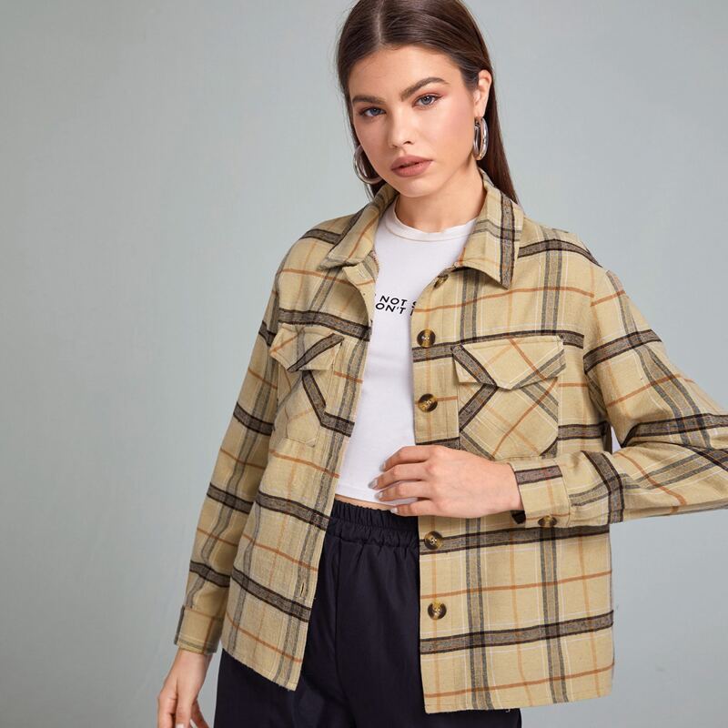 

Flap-Pocket Plaid Overshirt, Khaki