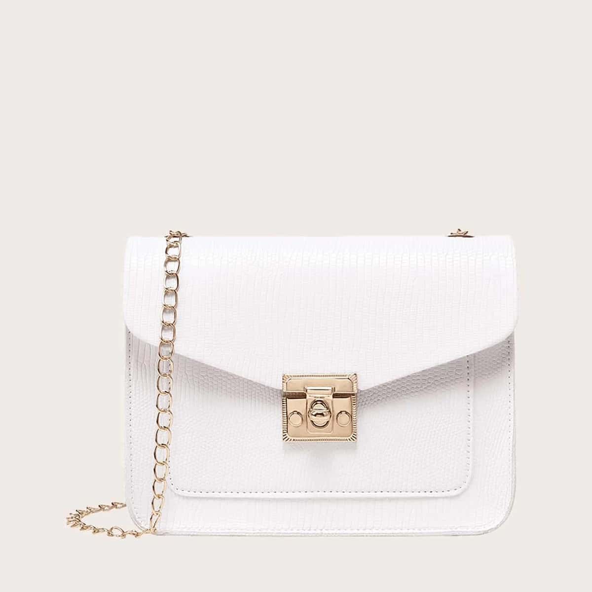 

Snake Embossed Chain Crossbody Bag, White