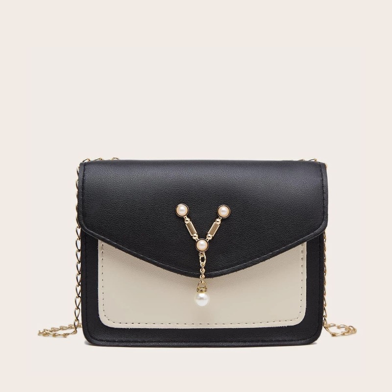 

Faux Pearl Decor Colorblock Crossbody Bag, Black and white