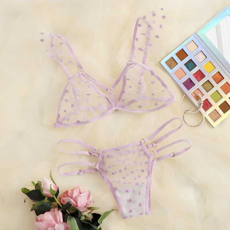 

Floral Embroidery Sheer Mesh Lingerie Set, Lilac purple