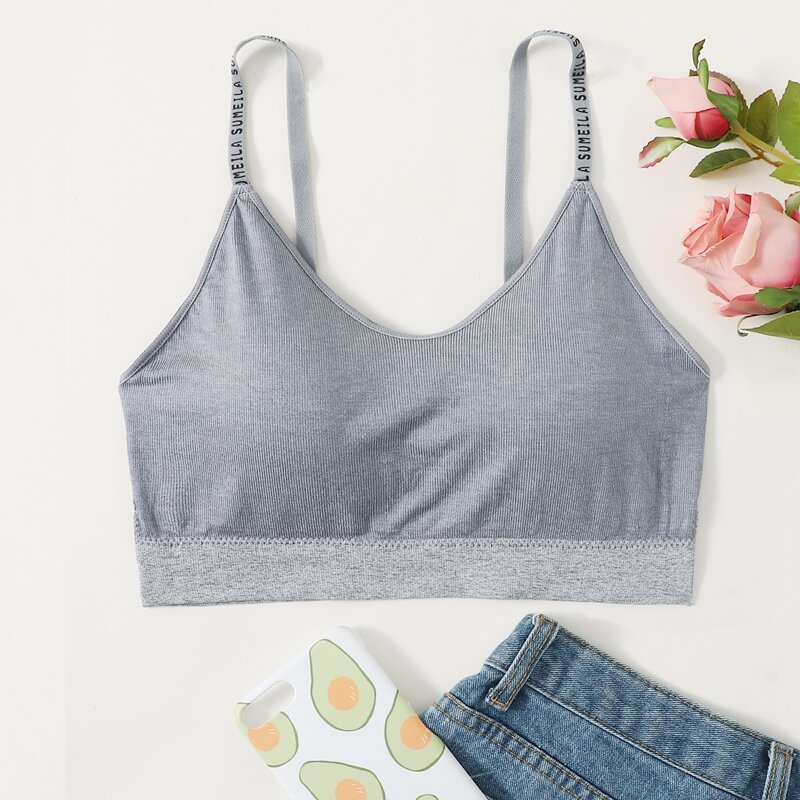 

Ribbed Letter Strap Bralette, Blue