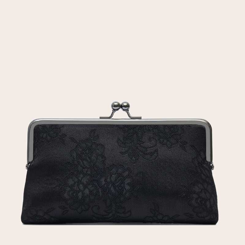 

Floral Kiss Lock Clutch Bag, Black