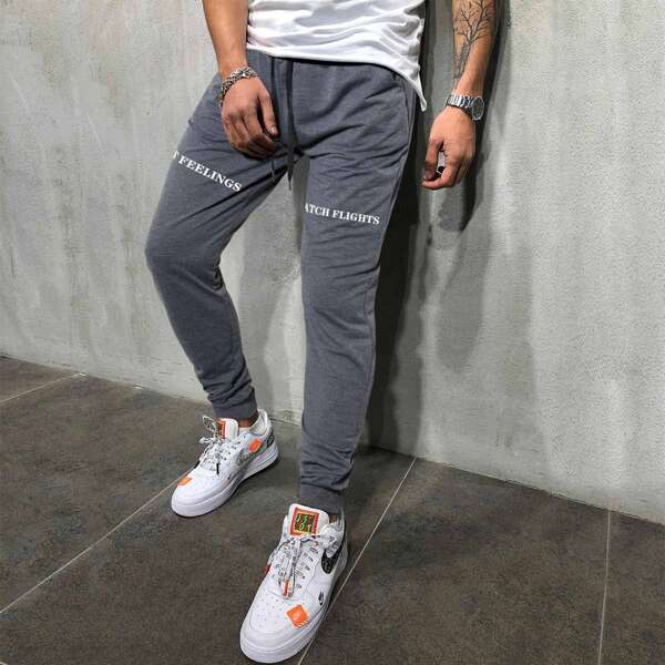 

Men Letter Graphic Drawstring Sweatpants, Dark grey