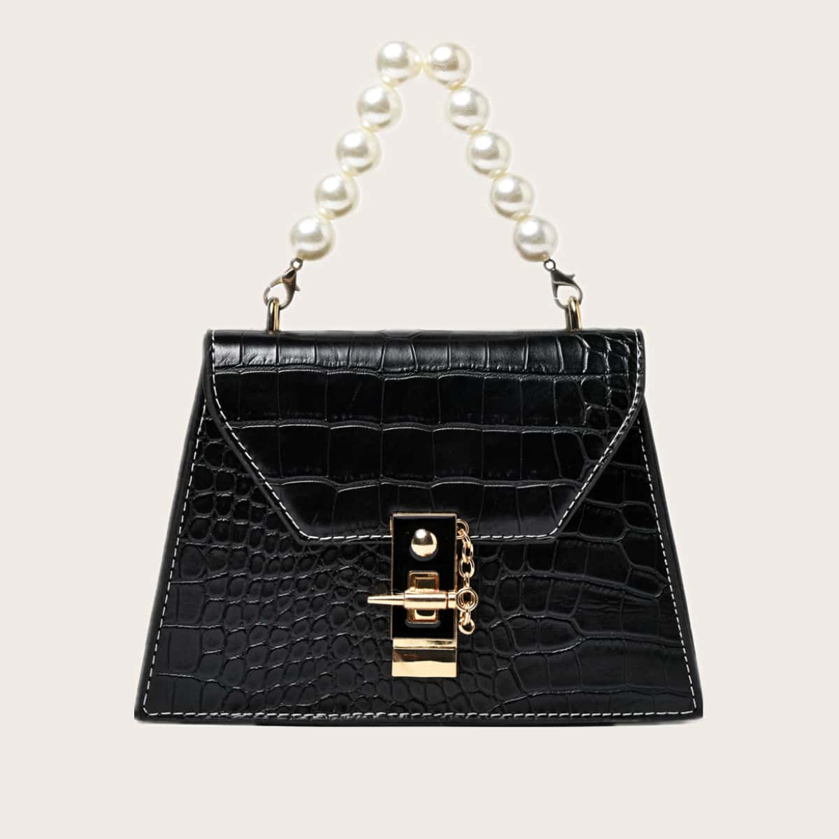 

Croc Embossed Faux Pearl Handle Satchel Bag, Black
