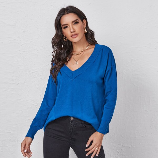 

V-neck Drop Shoulder Solid Sweater, Blue