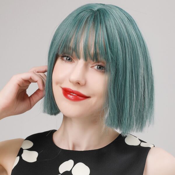 

Natural Straight Short Wig With Bangs, Dark green