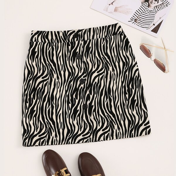 

Zebra Stripe Button Front Skirt, Black and white