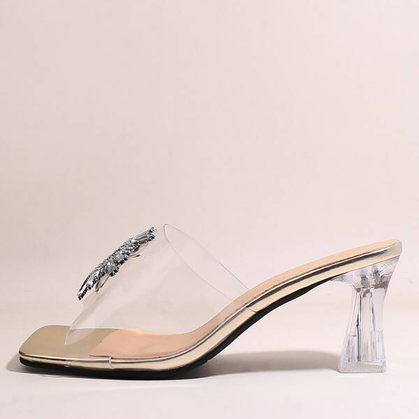

Rhinestone Decor Sculptural Heeled Mules, Gold