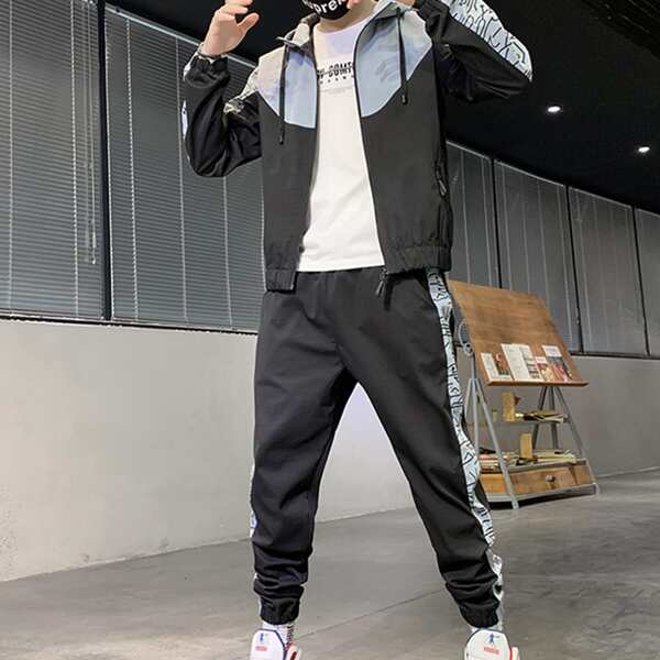 

Men Color Block Graphic Print Jacket & Pants, Black