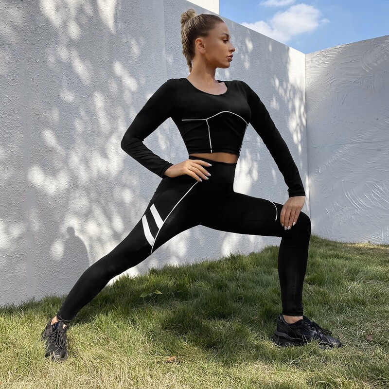 

Contrast Binding Sports Tee & Striped Leggings, Black
