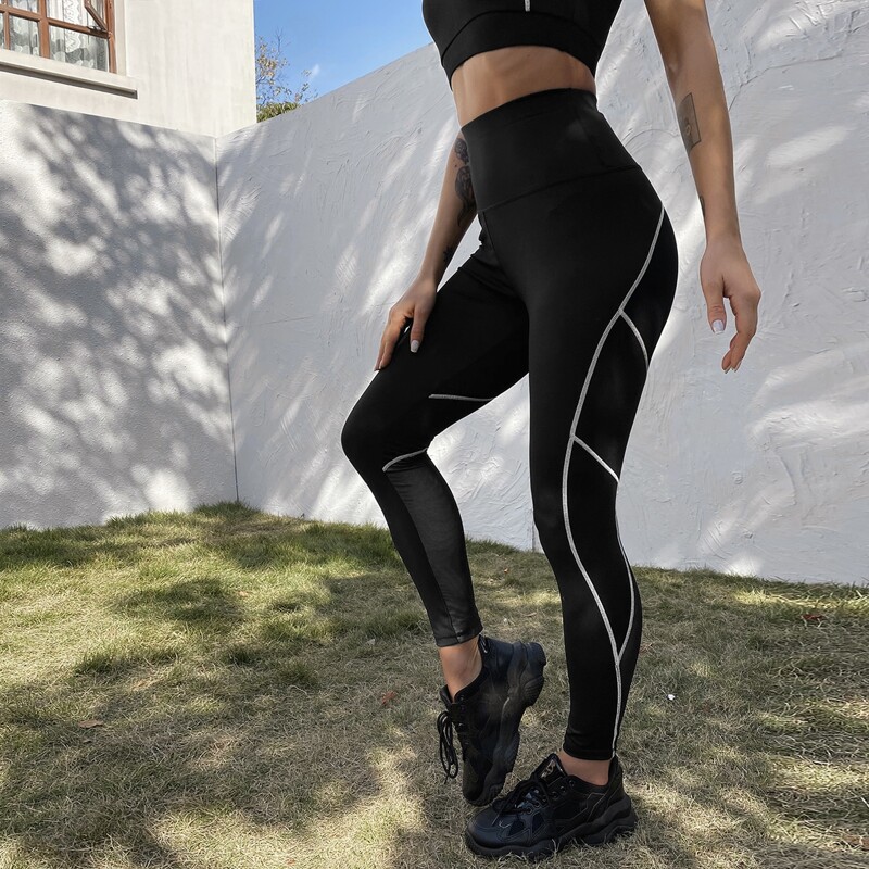 

Topstitching Wide Waistband Sports Leggings, Black